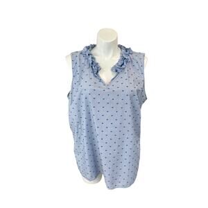 Talbots Top 3X Blue Sleeveless Swiss Dot Ruffle V-Neck Collar Shirt
